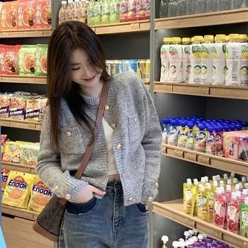 Осенне-зимнее новое универсальное серое пальто, вязаный кардиган, свободный стиль, высококачественный свитер для женщин One Size серый