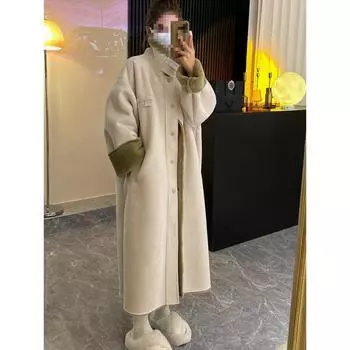 Осенне-зимнее новое утолщенное женское длинное пальто из овечьей шерсти с замшей и искусственным мехом S long (about 80-60 kg)