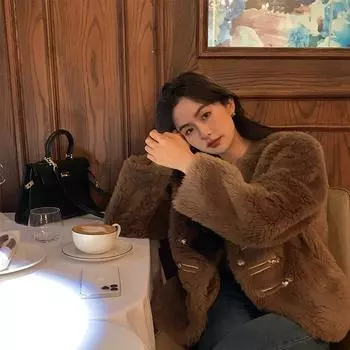 Осенне-зимнее новое винтажное цельное пальто с круглым вырезом из овечьего флиса и меха для женщин, короткое меховое пальто из овечьей шерсти S