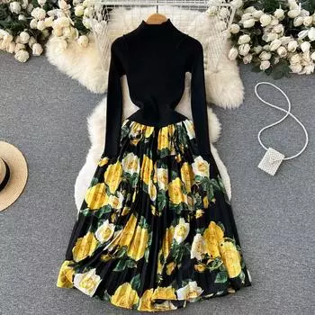 Осенне-зимнее новое вязаное платье длиной до колена с длинными рукавами и круглым вырезом, модное плиссированное платье длиной до колена