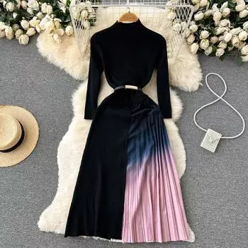 Осенне-зимнее новое вязаное плиссированное платье с длинными рукавами и нишевым дизайном с контрастной цветовой строчкой S чёрный