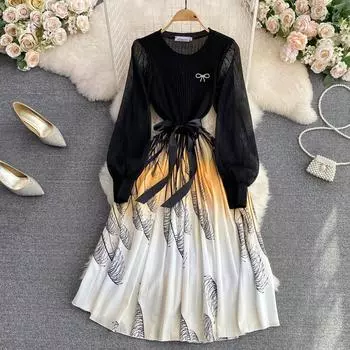 Осенне-зимнее новое вязаное сетчатое платье с круглым вырезом и вышивкой в иностранном стиле, женское Нижнее платье S зелёный