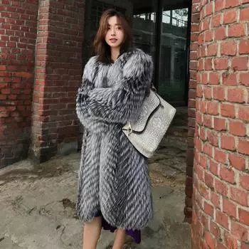 Осенне-зимнее новое женское пальто с искусственным мехом лисы, длинное пальто, модное сетчатое красное пальто с мехом, зимняя ветровка S