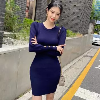 Осенне-зимнее облегающее трикотажное платье с рукавами-фонариками, женское элегантное модное повседневное платье-свитер, женское винтажное сексуальное короткое платье с круглым вырезом 25964 One Size чёрный