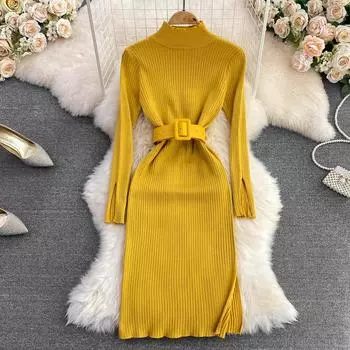 Осенне-зимнее облегающее вязаное платье с высоким воротом и разрезом на талии, тонкое платье-свитер средней длины One Size жёлтый