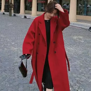 Осенне-зимнее однобортное шерстяное пальто, винтажное женское длинное корейское модное длинное пальто, повседневная уличная женская верхняя одежда S красный