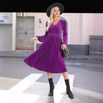 Осенне-зимнее однотонное платье с длинными рукавами и V-образным вырезом, плиссированное платье с высокой талией S фиолетовый