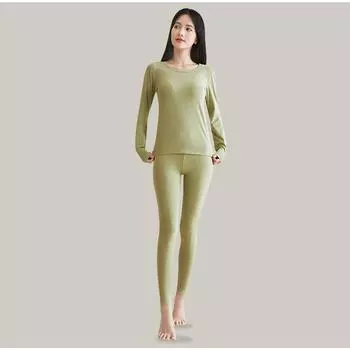 Осенне-зимнее однотонное термобелье женское тонкое ночное белье комплект из 2 предметов M светло-розовый