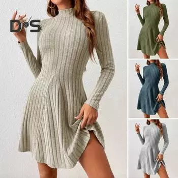 Осенне-зимнее однотонное вязаное платье, мини-платье с высоким воротником и длинными рукавами, облегающее вязаное платье со свободным подолом и ребристым краем S абрикосовый