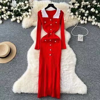 Осенне-зимнее офисное женское длинное платье в рождественском стиле с лацканами на талии, зимнее облегающее плиссированное теплое платье One Size красный