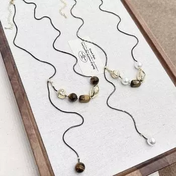 «Осенне-зимнее ожерелье из жемчуга и камня тигровый глаз, французский ретро-стиль» N1391