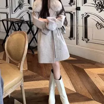 Осенне-зимнее пальто 2024 года осень-зима новый воротник из искусственного меха лисы дизайн плащ пальто темперамент модное пальто женщины S серый