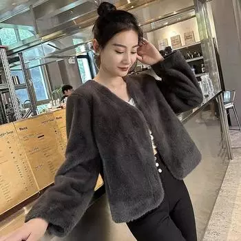 Осенне-зимнее пальто из искусственного меха кролика, женское пальто из норки, короткое универсальное пальто из красного плюша с сеткой, стеганое пальто XXL чёрный