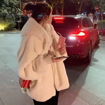 Осенне-зимнее пальто из искусственной овечьей шерсти, женское свободное пальто средней длины с капюшоном, утолщенное плюшевое пальто из кролика рекс S белый