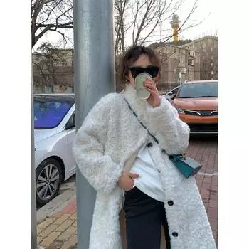 Осенне-зимнее пальто из овечьей шубы, женское пальто средней длины со свободным воротником S покинуть белый