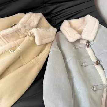 Осенне-зимнее пальто из овечьей шерсти женское бархатное теплое роговое пряжка меховое интегрированное маленькое полупальто локомотивный костюм M size [recommended within 80-50 kg]