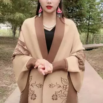 Осенне-зимнее пальто-кардиган, длинное штапельное хлопковое женское пальто с мясным покрытием, универсальное повседневное женское пончо с длинными рукавами One Size синий