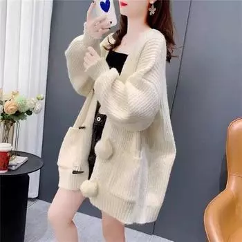 Осенне-зимнее пальто, новый шерстяной шариковый свитер, женский кардиган средней длины, свободное и ленивое, утолщенное вязаное пальто, женское One Size розовый