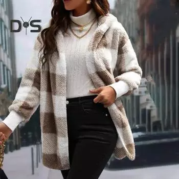 Осенне-зимнее пальто, плотное трикотажное свободное свободное пальто соответствующего цвета, свободное с капюшоном с открытой строчкой, теплое клетчатое пальто с принтом средней длины, эластичные манжеты, женское пальто L хаки