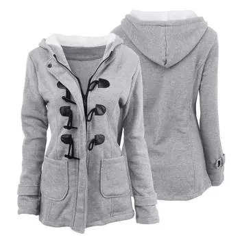 Осенне-зимнее пальто с боковыми карманами, однотонный капюшон с застежкой на роговые пуговицы, длинный рукав, толстая плюшевая куртка, повседневная верхняя одежда для школы и поездок на работу M светло-серый