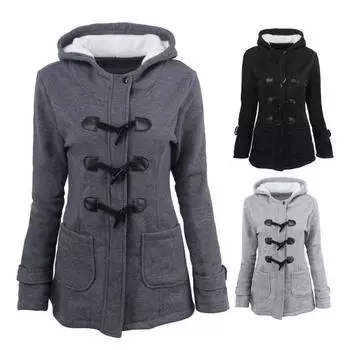 Осенне-зимнее пальто с боковыми карманами, однотонный капюшон с застежкой на роговые пуговицы, длинный рукав, толстая плюшевая куртка, повседневная верхняя одежда для школы и поездок на работу M темно-серого