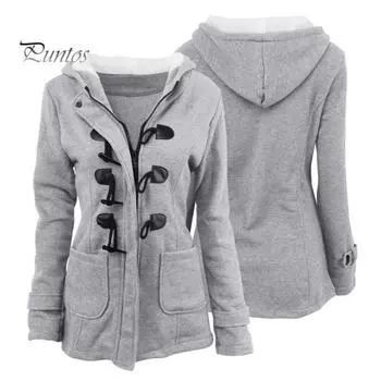 Осенне-зимнее пальто с боковыми карманами, однотонный капюшон с застежкой на роговые пуговицы, длинный рукав, толстая плюшевая куртка, повседневная верхняя одежда для школы и поездок на работу L светло-серый