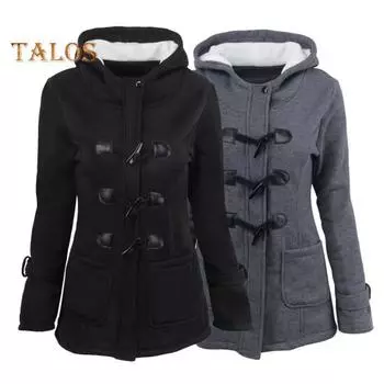 Осенне-зимнее пальто с боковыми карманами, однотонный капюшон с застежкой на роговые пуговицы, длинный рукав, толстая плюшевая куртка, повседневная верхняя одежда для школы и поездок на работу M светло-серый