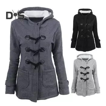 Осенне-зимнее пальто с боковыми карманами, однотонный капюшон с застежкой на роговые пуговицы, длинный рукав, толстая плюшевая куртка, повседневная верхняя одежда для школы и поездок на работу M чёрный