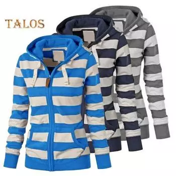 Осенне-зимнее пальто с контрастным полосатым принтом, капюшоном, застежкой-молнией, длинными рукавами, эластичной курткой на шнурке, повседневной верхней одеждой для учебы и поездок на работу S темно-синий