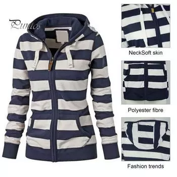 Осенне-зимнее пальто с контрастным полосатым принтом, капюшоном, застежкой-молнией, длинными рукавами, эластичной курткой на шнурке, повседневной верхней одеждой для учебы и поездок на работу M чёрный