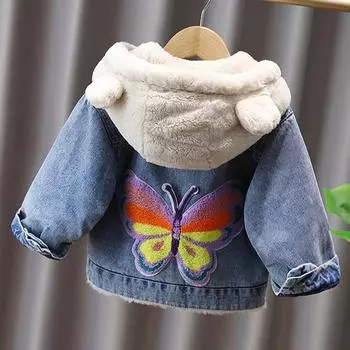 Осенне-зимнее пальто с кроликом и бантом для девочек, красочное, с большой бабочкой, с рисунком милого плюша, теплое джинсовое пальто с толстым капюшоном для детей 1-10 лет 90cm
