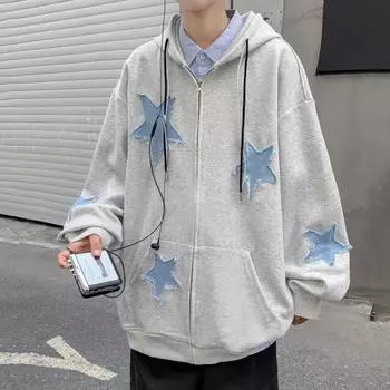 Осенне-зимнее пальто со звездой и нашивкой унисекс, застежка-молния на шнурке, с капюшоном и длинными рукавами, свободная плюшевая куртка в стиле хип-хоп, готическая уличная одежда L чёрный