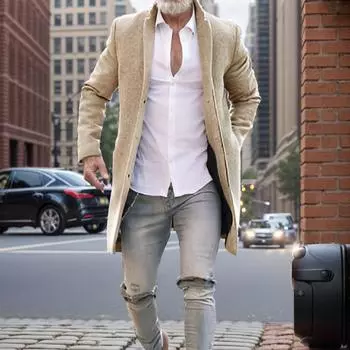 Осенне-зимнее пальто-тренчкот Мужское пальто Модное среднее и длинное пальто Шерстяное пальто S хаки