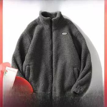 «Осенне-зимнее пальто унисекс из шерсти ягненка с воротником-стойкой – свободный крой, утолщенный хлопок, однотонный цвет» XL