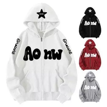 Осенне-зимнее пальто унисекс с капюшоном на молнии с длинными рукавами и эластичными манжетами с буквенным принтом и карманом контрастного цвета в стиле хип-хоп Уличная мягкая теплая куртка M белый