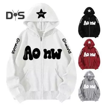 Осенне-зимнее пальто унисекс с капюшоном на молнии с длинными рукавами и эластичными манжетами с буквенным принтом и карманом контрастного цвета в стиле хип-хоп Уличная мягкая теплая куртка M белый