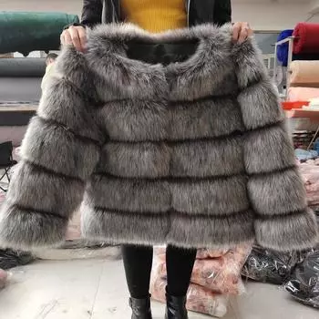 Осенне-зимнее пальто, утолщенное искусственное меховое пальто из серебристой лисицы, куртка из искусственного меха лисы, повседневная женская одежда S чёрный