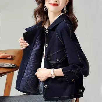 Осенне-зимнее пальто, верхняя мода, утепленная джинсовая куртка корейского производства, универсальная и тонкая короткая хлопковая куртка для женщин S тёмно-синий