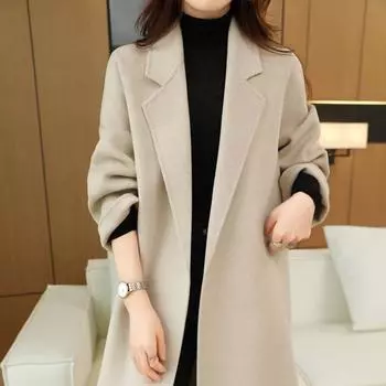 Осенне-зимнее пальто высокого качества из 10% кашемира, женский длинный элегантный шерстяной костюм со шнуровкой, шерстяной снаружи S