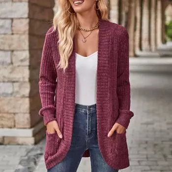 Осенне-зимнее пальто женское однотонное матовое повседневное сращивание с длинным рукавом кардиган пальто S бордовый