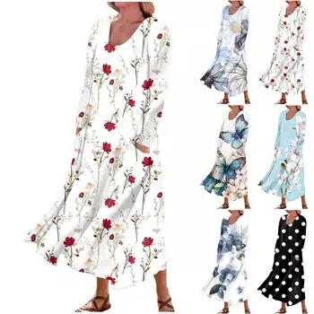 Осенне-зимнее платье для женщин, повседневное удобное модное платье с принтом и круглым вырезом, длинными рукавами и карманами L чёрный