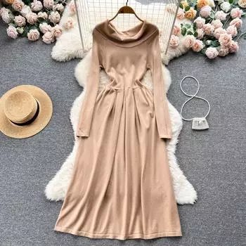 Осенне-зимнее платье-маятник длиной до колена с тонким темпераментом и тонким темпераментным воротником на плечах с французской талией