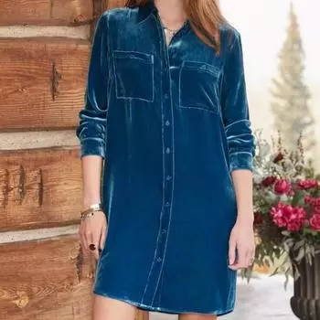 Осенне-зимнее платье-рубашка для женщин с длинным рукавом на пуговицах, новое однотонное свободное повседневное бархатное платье средней длины, элегантное платье Vestidos S чёрный