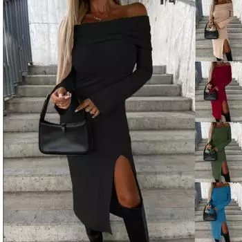 Осенне-зимнее платье с длинными рукавами, однотонное, с одним воротником и разрезом, вечерние платья для женщин S чёрный