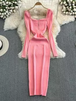 Осенне-зимнее платье с длинными рукавами, квадратным воротником, украшенным ромбами, с застежкой на талии для эффекта похудения, средней и длинной длины, трикотажное платье для женщин one size fits all красный