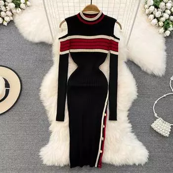 Осенне-зимнее платье с круглым воротником и полоской на плечах, вязаное платье на пуговицах с открытой вилкой, нижняя сумка, платье на ягодицах