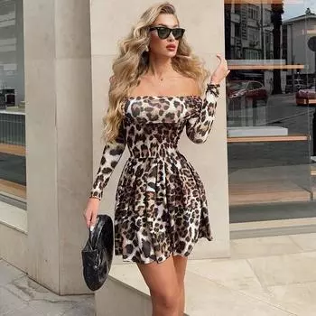 Осенне-зимнее платье с леопардовым принтом, сексуальное облегающее платье на груди, женское платье с длинными рукавами и принтом листьев лотоса S цветной печати леопарда
