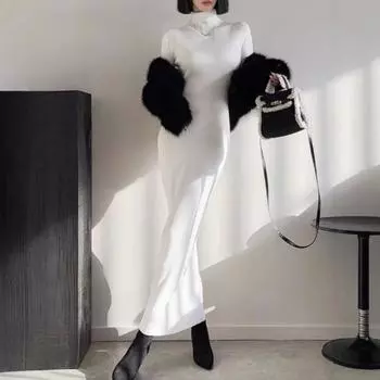 Осенне-зимнее платье-свитер с высоким воротом и длинными рукавами, облегающее трикотажное платье, женское трикотажное цельное платье One Size чёрный