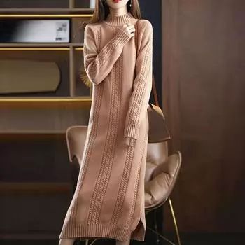 Осенне-зимнее платье-свитер, шерстяное женское однотонное свободное платье с круглым вырезом и длинными рукавами, полувысокий воротник, платье-пуловер с жареным тестом One Size чёрный