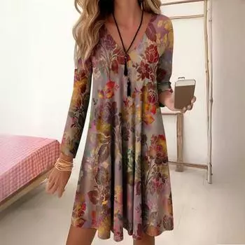 Осенне-зимнее платье свободного кроя с V-образным вырезом, высокой талией, принтом в стиле ретро с градиентными цветами и рукавами длиной девять минут S красный